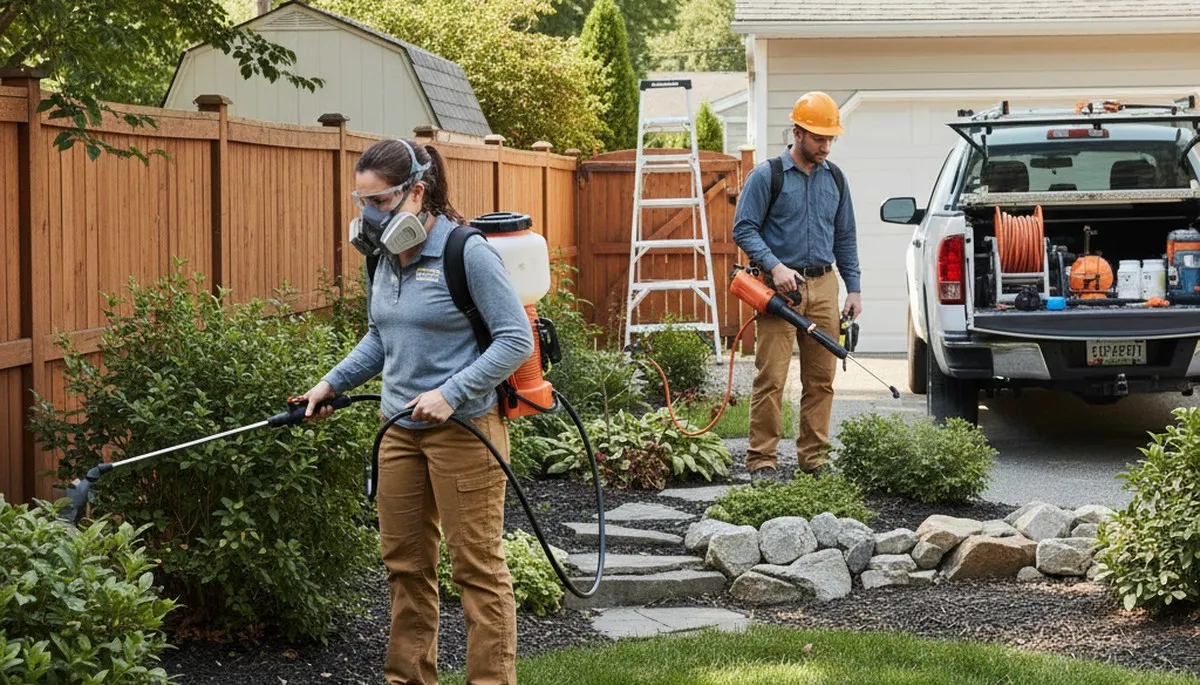 Professional tree service crew in Palm Harbor, FL performing yard care near a home