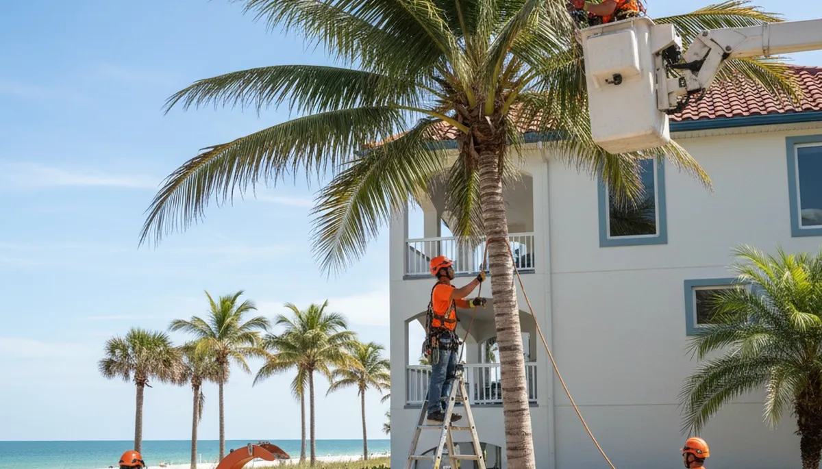 Tree service crew trimming a palm tree in Palm Harbor, FL