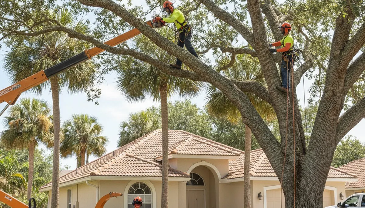 Tree service crew in Palm Harbor, FL performing professional tree trimming for a local property