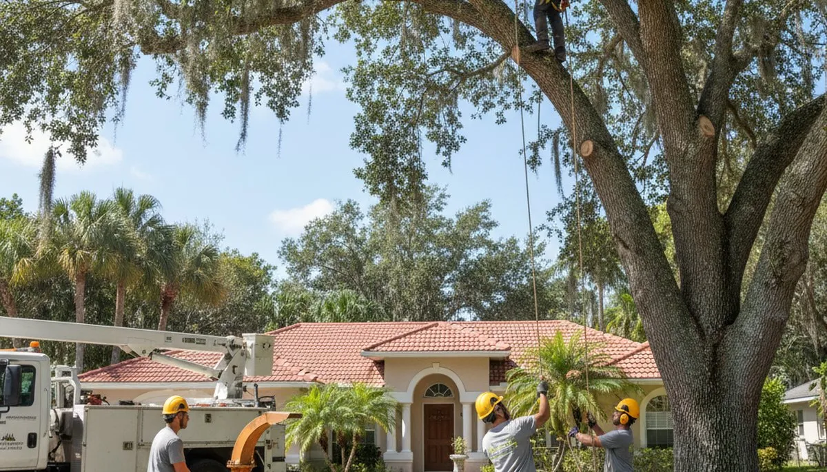 Tree service crew in Palm Harbor, FL trimming trees for residential and commercial properties