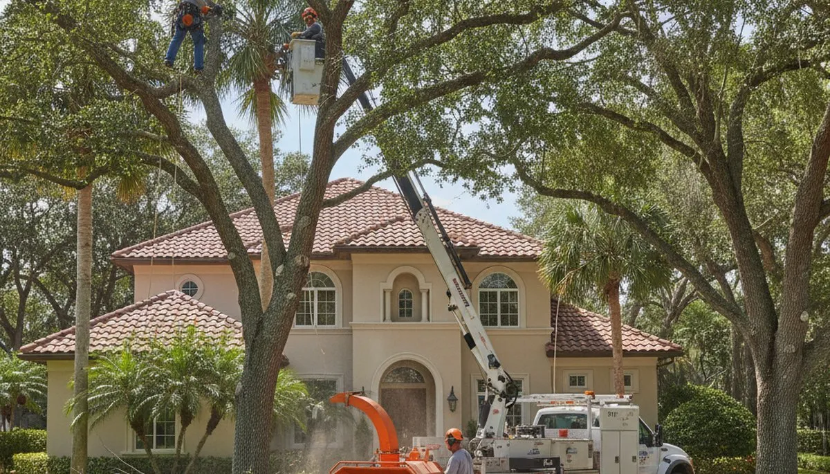 Tree service crew trimming trees in Palm Harbor, FL for safe, neat property maintenance