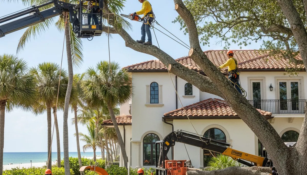 Tree service crew trimming trees in Palm Harbor, FL to improve safety and curb appeal