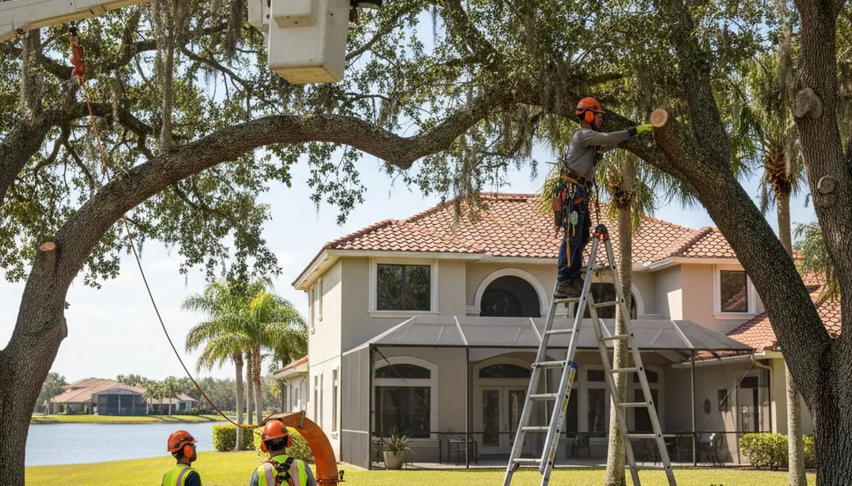 Professional tree trimming service crew in Palm Harbor, FL performing tree care on a residential property