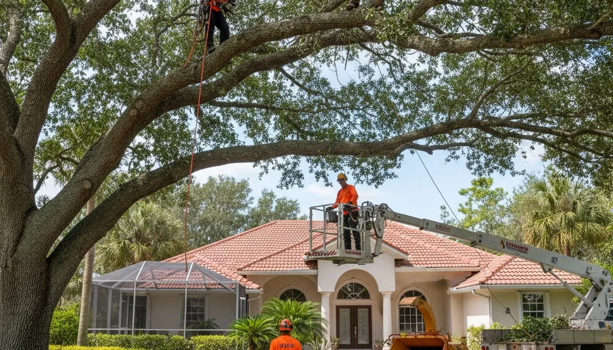 Palm Harbor, FL tree service crew trimming trees for residential property maintenance