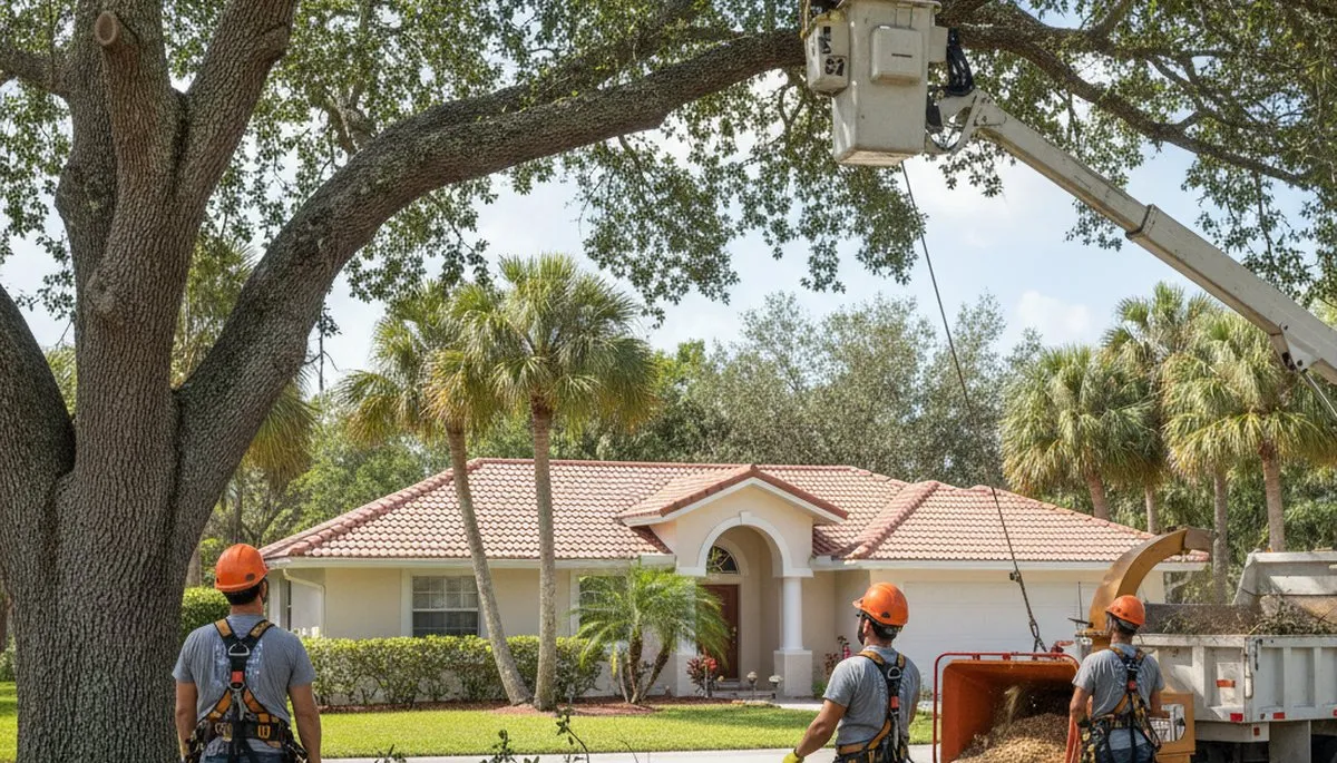 Tree service crew trimming trees in Palm Harbor, FL for safe, professional property care