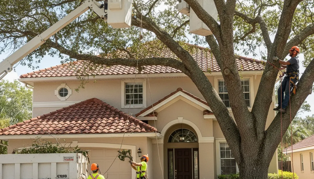 Tree service crew trimming trees in Palm Harbor, FL for safe, professional property care