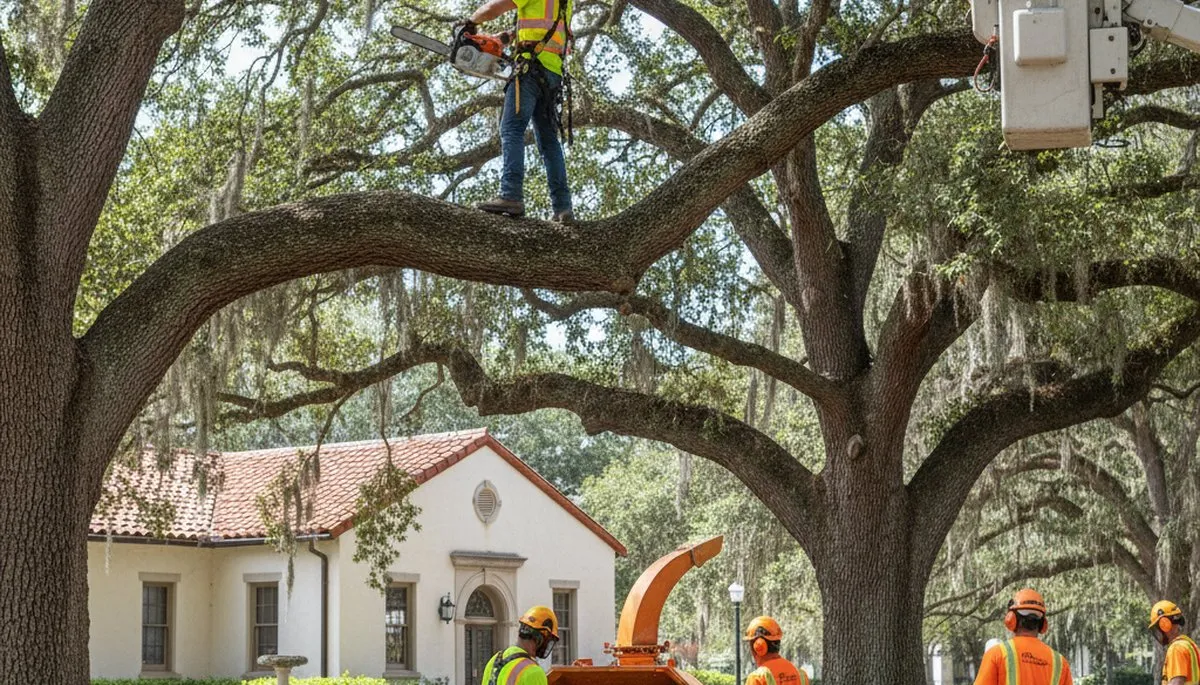 Tree service crew trimming trees in Palm Harbor, FL for safe, professional property maintenance