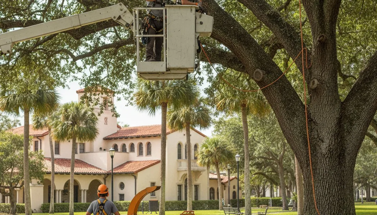 Tree service crew trimming trees in Palm Harbor, FL for safe, professional property care