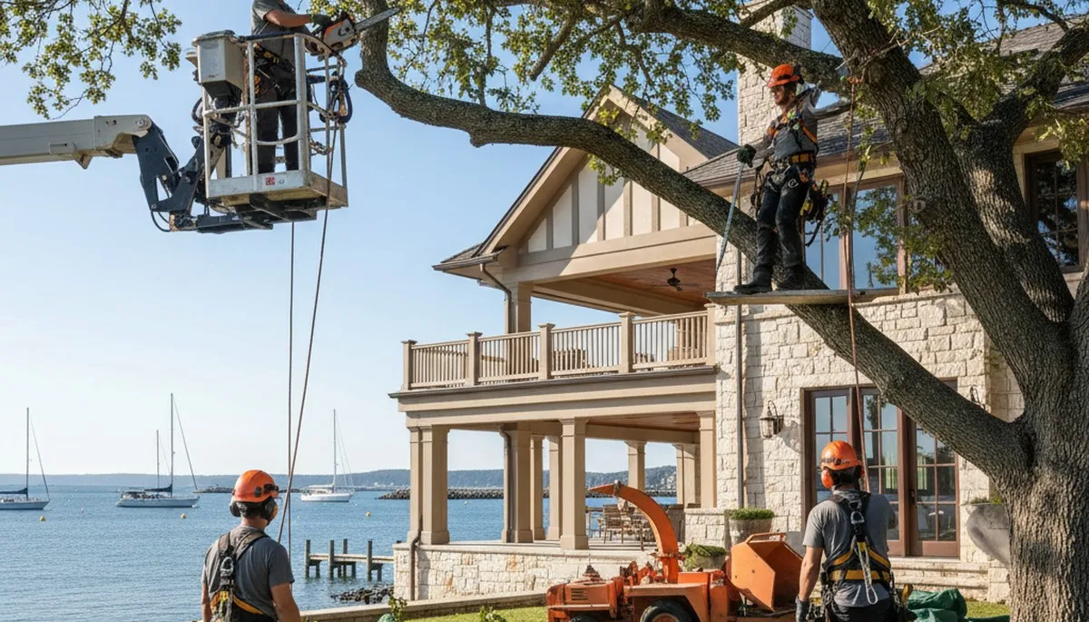 Tree service crew trimming trees in Palm Harbor, FL for safe, professional property care