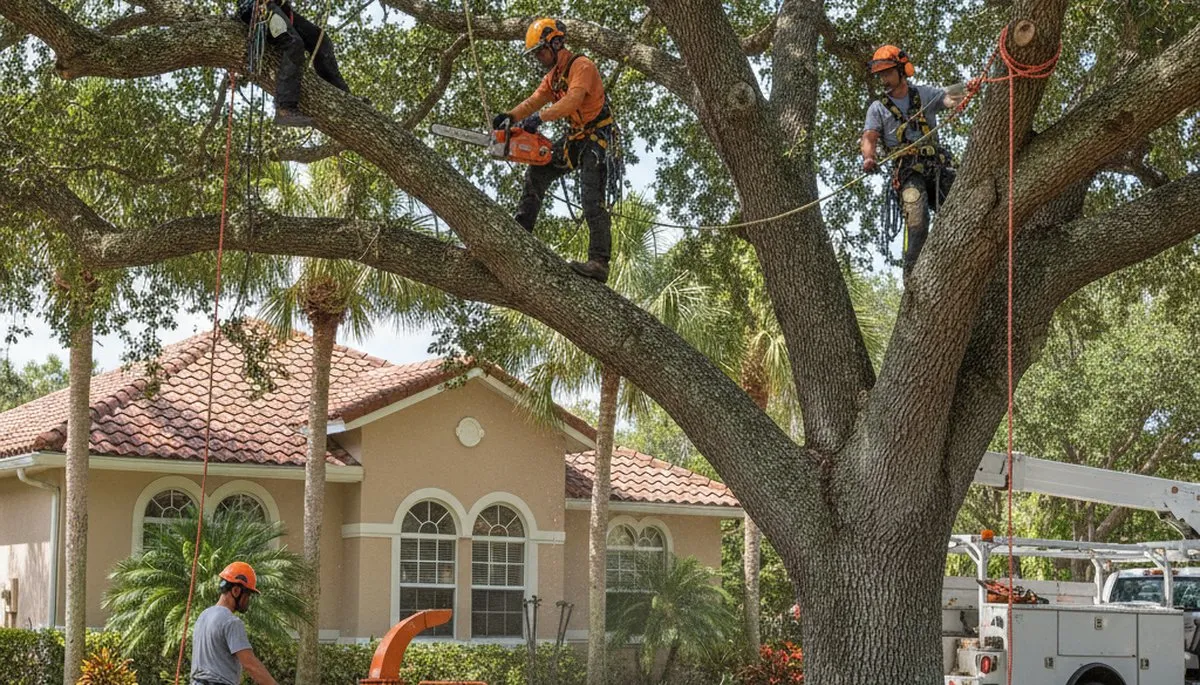 Tree service crew trimming trees in Palm Harbor, FL for safe, professional maintenance