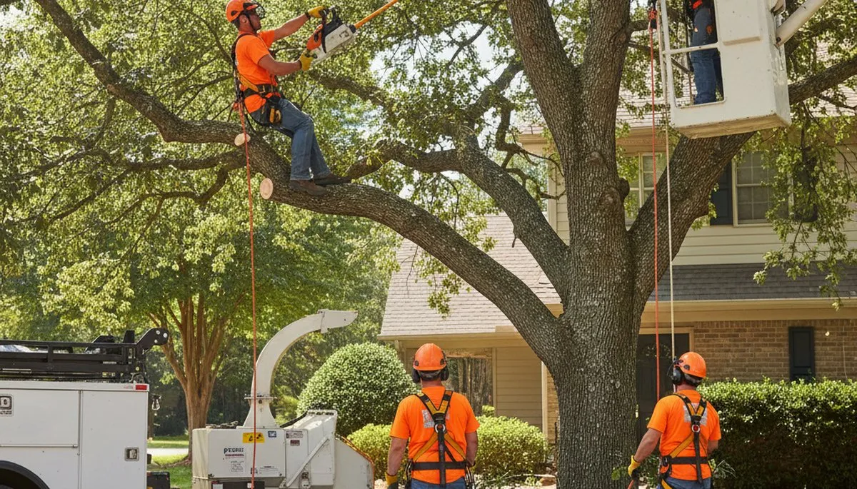 Tree trimming crew servicing palm trees in Palm Harbor, FL for safer clearance and healthy growth